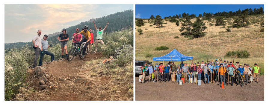 Left image (Screenshot 2024-08-10 at 9.57.50 AM): A group of smiling people on a dirt trail in a mountainous area, some posing with mountain bikes. Right image (Screenshot 2024-08-10 at 9.57.50 AM): A large group of volunteers holding tools poses under a blue canopy in a grassy hillside area with scattered trees. 